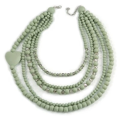 Statement Multistrand Layered Wood and Glass Bead Necklace with Heart Motif - Image 1 of 4