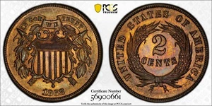PCGS MS64+ RB 1868 Two Cent Piece Red Brown Plus Green CAC Sticker - Picture 1 of 3