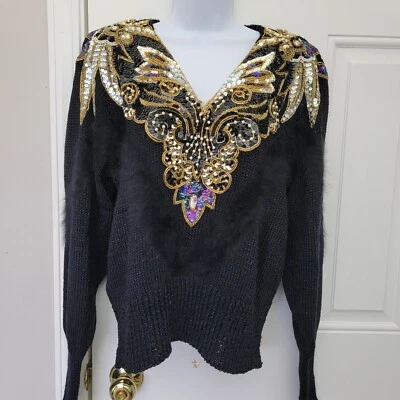 Suéter negro acentuado de piel de angora con lentejuelas pesadas vintage con efectos secundarios talla L Foto 1 de 4
