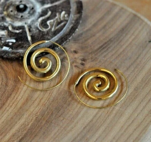 Brass Spiral Tribal Gypsy Ethnic Mandala Hoops Gold Plated Indian Boho Earrings - Picture 1 of 6