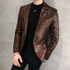Mens Trendy One Button Clubwear Faux Leather Printed Leopard Blazer Jacket New L