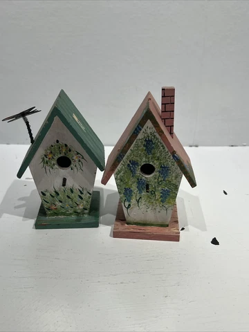 Lot Of 2 Vintage Wooden Bird House Spring Hand Painted With Butterfly Cover