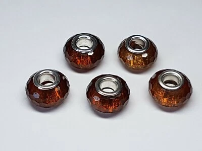 5x Resin European Beads Faced Rondelle Silver Tone Brass Cores  - Image 1 of 2