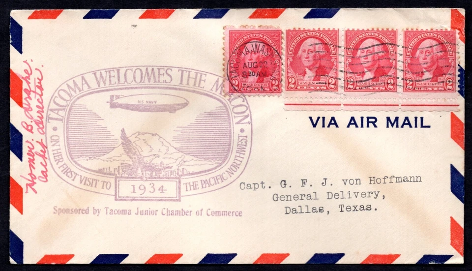 US 1934 ZEPPELIN MACON FLIGHT TACOMA WASHINGTON TO DALLAS TEXAS SIGNED - Image 1 of 2