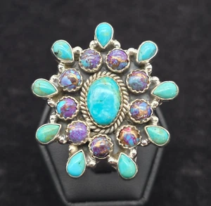 Sterling Turquoise Purple Mojave Ring 8 Adjustable Cluster Starburst Statement - Picture 1 of 13