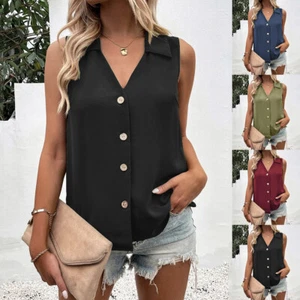 Women Coller Button Down Vest Tank Tops Ladies Summer Sleeveless Blouse Shirts - Picture 1 of 17