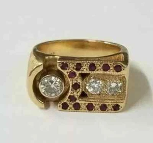 2Ct Round Diamond With Ruby Vintage Men's Wedding Ring 14K Yellow Gold Plated - Picture 1 of 6