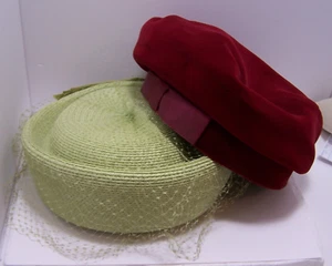 Vintage Ladies Dark Red Velvet and Lovely Green Hats, Union Made in the USA - Picture 1 of 10