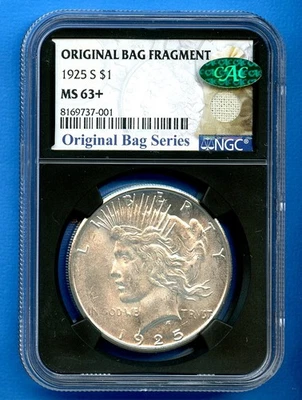 1925 S NGC MS63+ Peace Silver Dollar $1 US Mint Bag Fragment MS63+ Plus CAC - Image 1 of 3