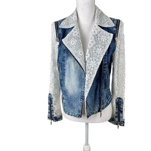 NWT Paris Hues Denim and Lace Sleeves and Collar Jacket Distressed 80s Vibe Sz S - Picture 1 of 15