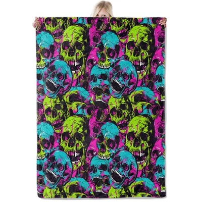 霓虹头骨法兰绒毯 50x60 英寸,朋克摇滚哥特式骨架头充满活力... — 第 1/4 张图片