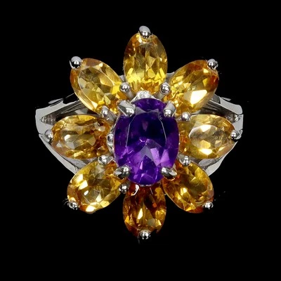 925 Anello Argento Sterling Ovale Ametista 8x6mm Citrino Gemma Gioielli Size 8.5 - Immagine 1 di 4