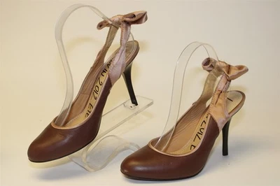 Lanvin 意大利制造女式 7.5 39.5 棕色皮革露跟高跟鞋浅口鞋 — 第 1/4 张图片