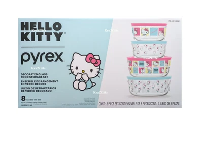 Juego de 8 cuencos de vidrio decorados para almacenamiento de vidrio Hello Kitty Sanrio Pyrex Foto 1 de 4