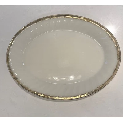 Plato para servir ovalado Fire-King remolino 12"x9" blanco vidrio de leche ancla dorada enganche Foto 1 de 4