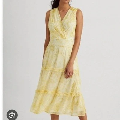 Lauren Ralph Lauren цветочный Georgette Midi платье желтый размер 2 без рукавов - Изображение 1 из 4