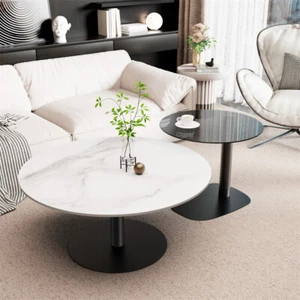 Juego de 2 mesas de salón redondas de mármol blanco decoración mesa de café mesa de centro mesas de juego - Imagen 1 de 9
