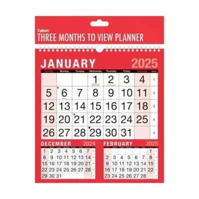 TALLON 2025 Three Months To View Calendar Wiro Spiral Bound Hanging Wall Planner 3 Mths
