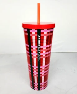 Starbucks Bando 2018 Red Pink Plaid Cold Cup Tumbler w/Straw 24 oz Venti - Picture 1 of 7