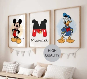 Personalised Mickey Mouse & Donald Duck Set of 3 Unframed Prints Pictures A4 A3 - Picture 1 of 2