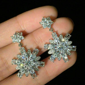 4.00 Ct Oval Cut Diamond Simulated Snowflake Dangle Earrings 925 Sterling Silver - Picture 1 of 3