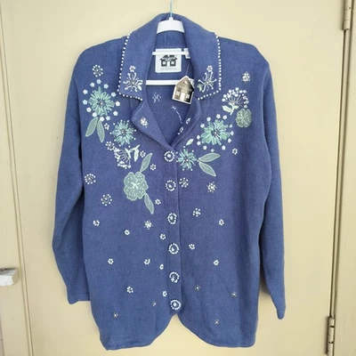 Nuevo con etiquetas Libro de Cuentos Tejidos Cuentas Floral Bordado Azul Cárdigan Suéter Abuela Núcleo Foto 1 de 4