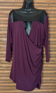 New Torrid Size 2 /2X Plum Stretch Top Black Faux Leather Yoke Surplice V Neck - Picture 1 of 14