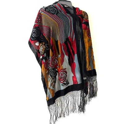 "Bufanda chal envolvente bruja gótica negra roja floral terciopelo mezcla seda Burnout 68x20""" Foto 1 de 4