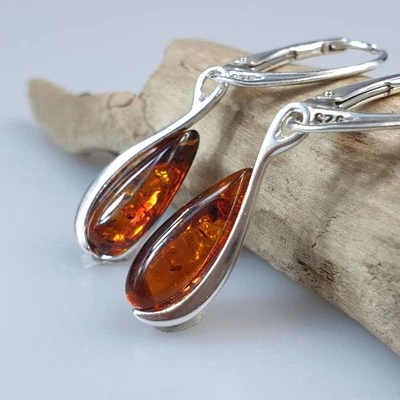 Orecchini in argento 925 goccia marrone piccoli orecchini leva ambra pietra... - Immagine 1 di 4