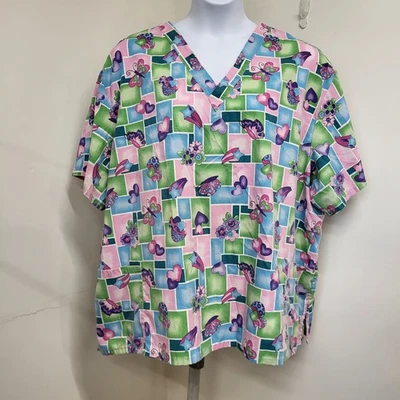 Stars of Best Medical Scrub Top Women's Size 5X Multicolor Butterfly Hearts Star - Image 1 of 4