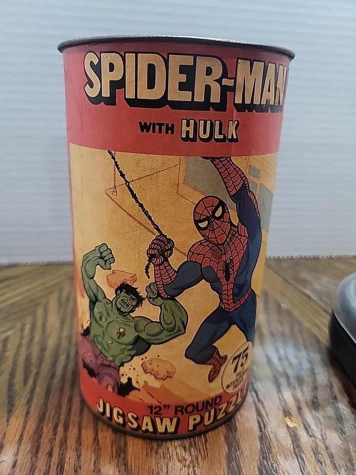 Vintage 1974 HG Toys Spider-Man Hulk 75 PC 12" Round Jigsaw Puzzle in Metal Can - Image 1 of 4