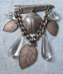 Vintage Kate Hines Silver Color Scarab Leafy Lucite Pin Brooch Statement - Picture 1 of 5