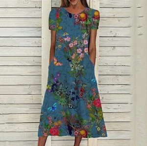 Damen Kurzarm Partykleid Blumen Midikleid Strandkleid A-Linie Kleid Sommerkleid - Bild 1 von 20