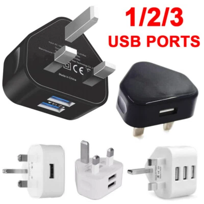 1/2/3 USB Ports 3 Pin UK Plug Adapter Wall Charger with For Phones Tablet Travel - Image 1 of 4