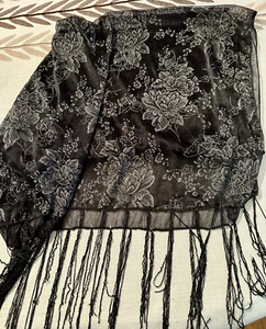 Fashion Scarf Floral Sparkle Semi Sheer abt 60" x 26" + 7" fringe IMPERFECT - Picture 1 of 10