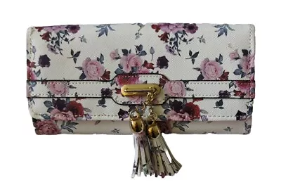 Victorian Trading Vegan Leather Pink & White Roses Clutch Wallet Tassels 6E • 10€