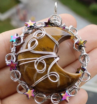 10pcs Tiger Eye Gems Moon Star Pendants Magic Reiki Healing Chakra Amulet - Image 1 of 3