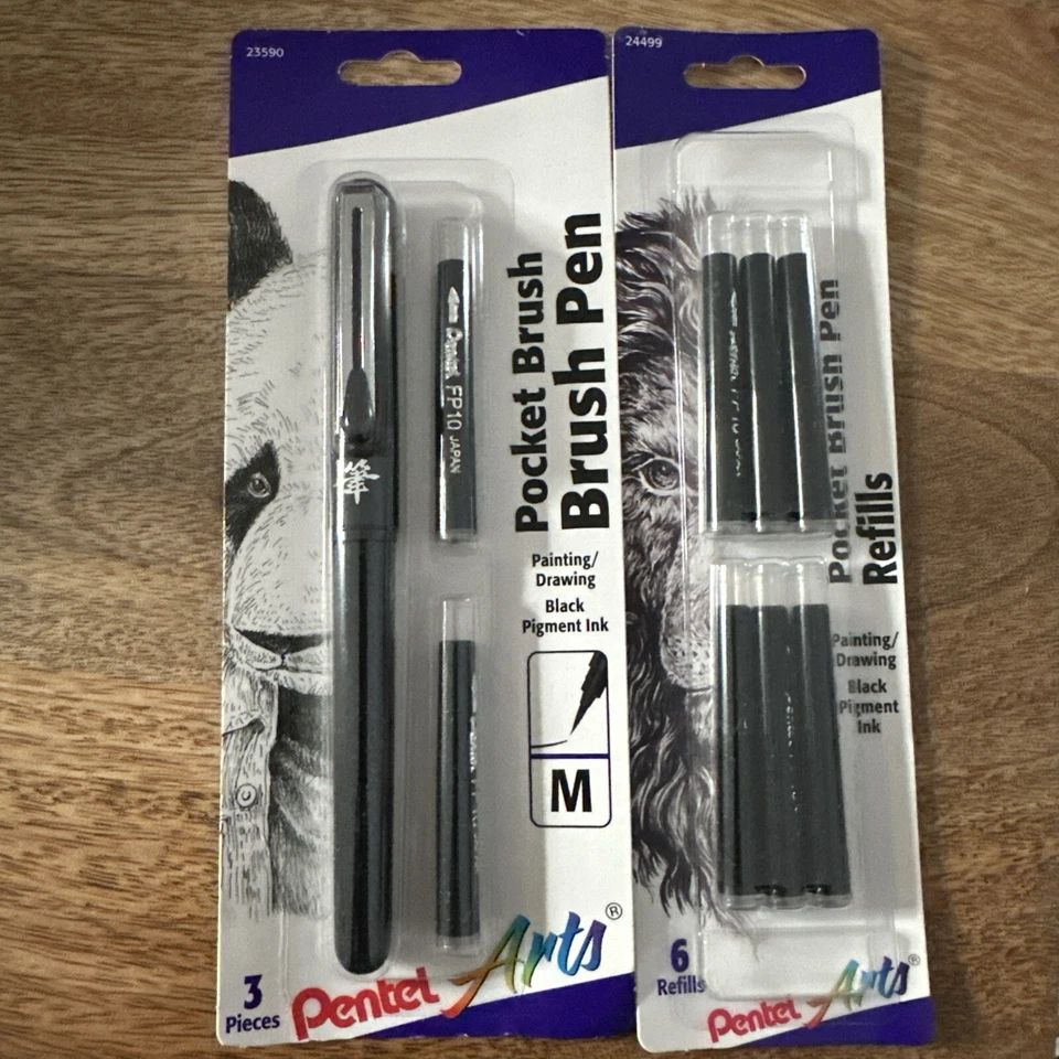 Pentel Arts Pocket Brush Pen Includes 2 Black Ink Refills GFKP3BPA