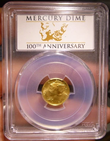 2016-W 10C MERCURY DIME CENTENNIAL FIRST STRIKE  ISSUE 1/10 OZ. GOLD PCGS SP70 Cover
