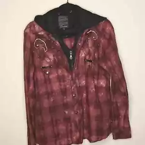 In The Attic Unisex Acid Wash Red & Black Hoodie Overshirt - L - Picture 1 of 8