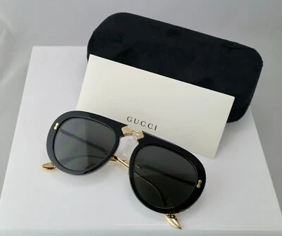 Gucci GG0307S 56mm Foldable Aviator Sunglasses with Grey Lens Gold Arms Crystals - Image 1 of 4