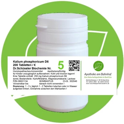 MARKENLOS Schüßler - Salz 5 Kalium phos. D6 glutenfrei 200 Tabletten PZN 08001134