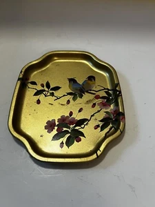 Vintage Gold Tone Tin Tray Made in England by Elite Flowers Birds Small - Picture 1 of 9
