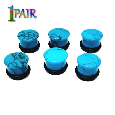 Pair 8g-25mm TURQUOISE HOWLITE STONE PLUGS Single Flare Gauges Organic Ear 1513 - Image 1 of 2