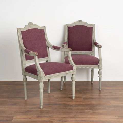 Pair, Antique Gray Painted Gustavian Arm Chairs, Sweden circa 1880 Cover