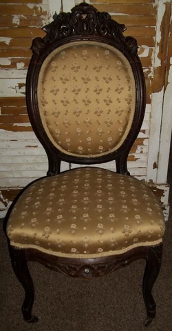 Antique Queen Anne Style Chair Beautiful Carved Gold Fabric Cover