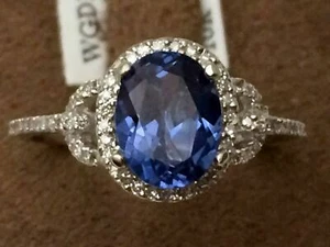 Anillo de compromiso con halo de oro blanco de 14 quilates de zafiro azul de ... - Imagen 1 de 4