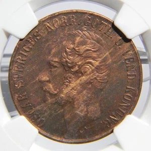 SWEDEN, Oscar I: 1858/7 overdate bronze 5 Ore, scarce 2-year type; NGC AU - Picture 1 of 1