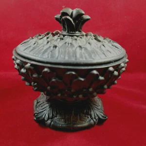 Carved Wooden Pedestal Trinket Candy Dish With Lid Black Leaves 5 in Tall 4.5 Di - Picture 1 of 8