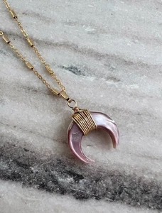 Gold Crescent Moon Necklace Shell Horn Necklace Blush Pink Shell Tusk necklace - Picture 1 of 9